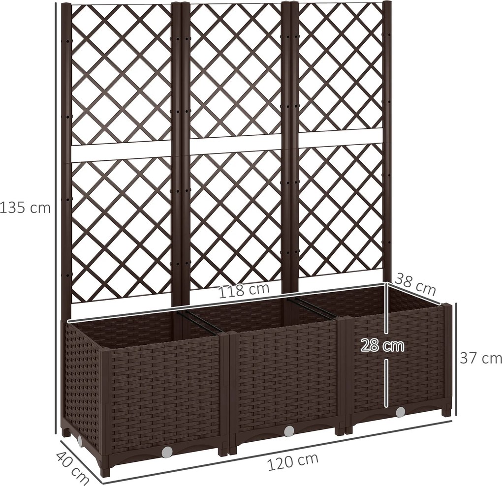 Outsunny Jardinieră cu spalier pat ridicat pentru grădină jardinieră exterioară cu 8 orificii de drenaj 120 x 40 x 135 cm maro | Aosom Romania