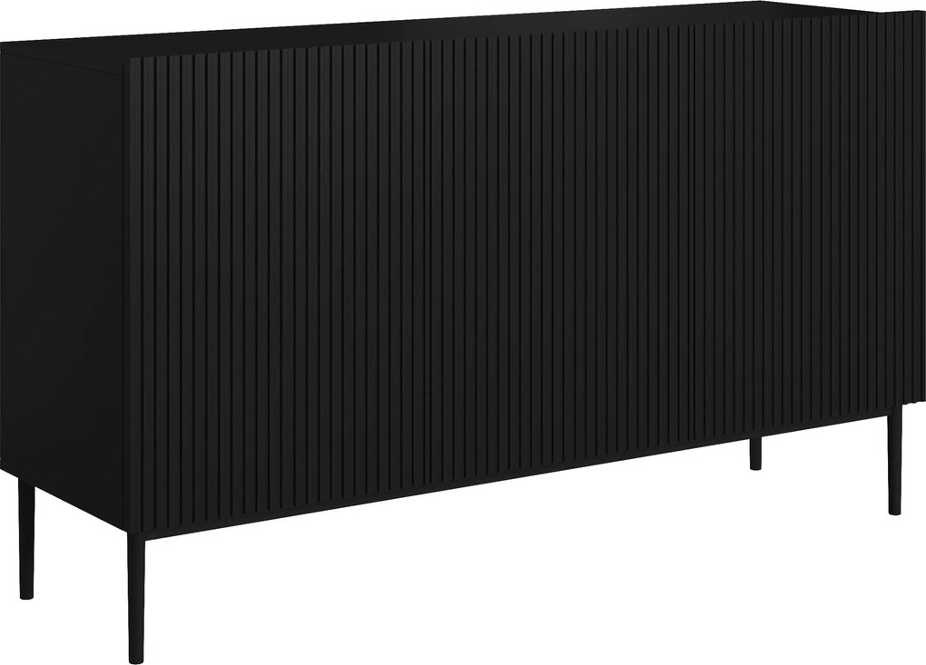 Comodă Nicole 150 cm cu trei uși, fronturi riflate - negru mat / picioare negre