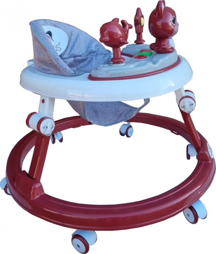 Premergator reglabil in 6 trepte de inaltime NOVOKIDS™ Happy Kitty, Cu melodii, Pliabil, Max 20 kg, Roti silentioase, Model Pisicuta, Rosu Bordeaux