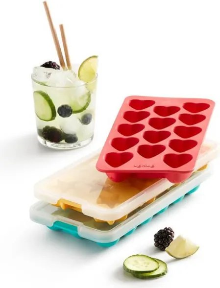 Forma cuburi de gheata cu capac Lekue 1010244, 23x12x3 cm, 14 inimioare, Stearin, -40°C / +60°C, Rosu