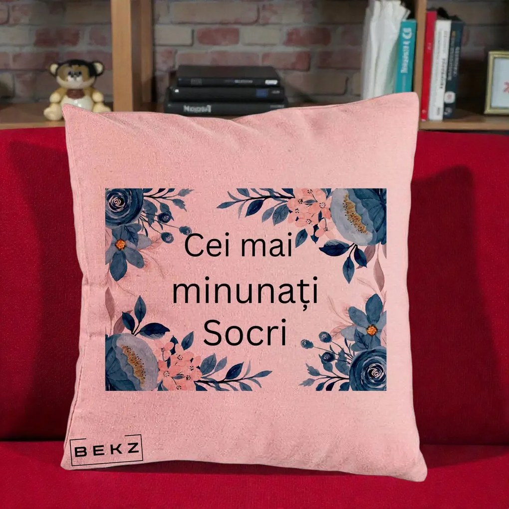Cadou pentru Socri - Perna Personalizata Cei mai Minunati Socri cu Flori Albastre si Roz, 40x40 cm, Roz, Husa Detasabila, Perna Inclusa, BEKZ®