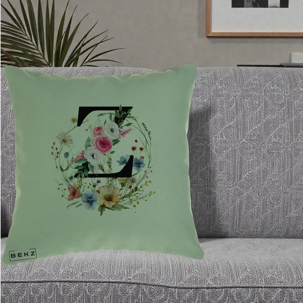 Cadou Personalizat - Perna Personalizata Monograma Florala Litera Z cu Coroana, 40x40 cm, Verde, Husa Detasabila, Perna Inclusa, BEKZ®