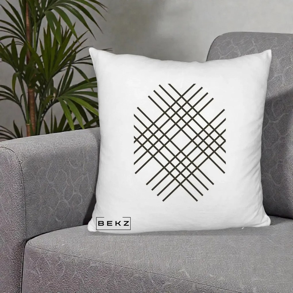 Perna Decorativa Geometric Grid, 40x40 cm, Alb Pufos, Husa Detasabila, Perna Inclusa, BEKZ®