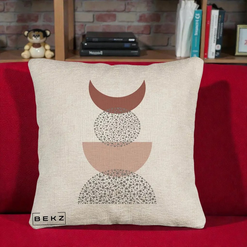 Perna Decorativa Boho Luna Plina si Forme Punctate, 40x40 cm, Bej Canapea, Husa Detasabila, Perna Inclusa, BEKZ®