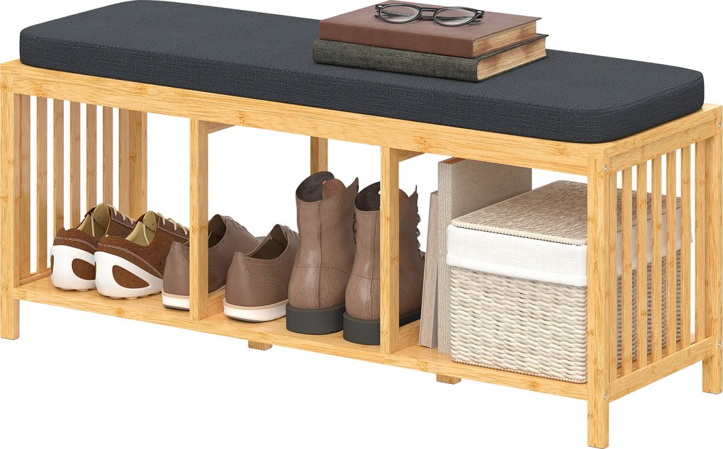 HOMCOM Bancă pentru pantofi din bambus, bancă de hol cu pernă căptușită și raft deschis, aspect lemn natural | Aosom Romania