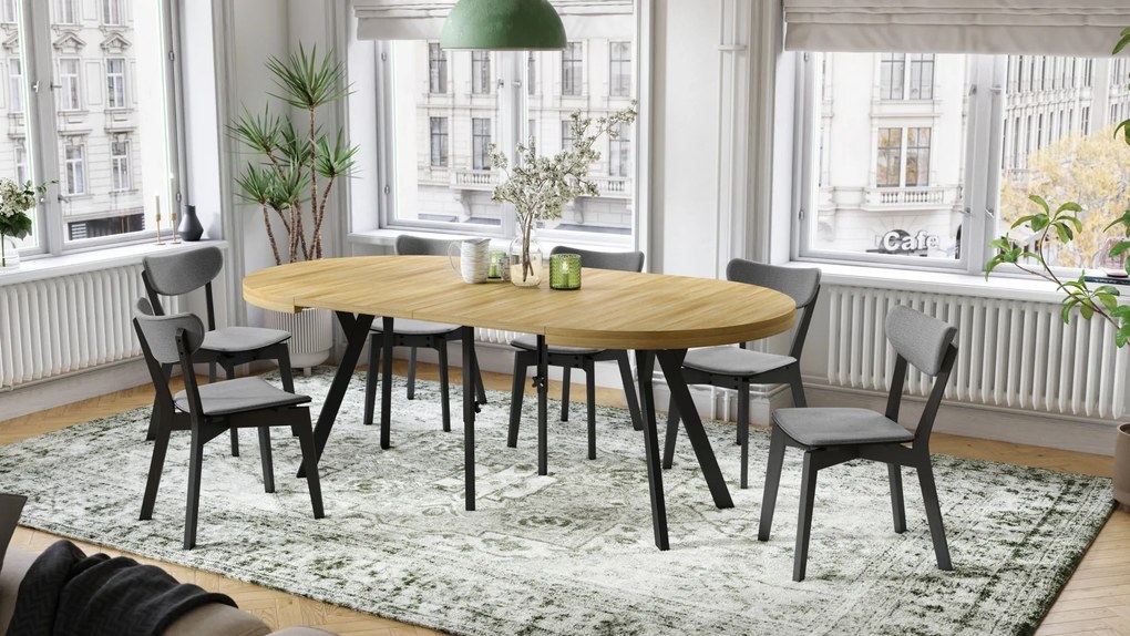Mazzoni VITO Stejar American/picioare negre - MASĂ MARE ROTUNDĂ Ø110 EXTENSIBILĂ PÂNĂ LA 310 cm CU PICIOARE "Y" LOFT/INDUSTRIALĂ