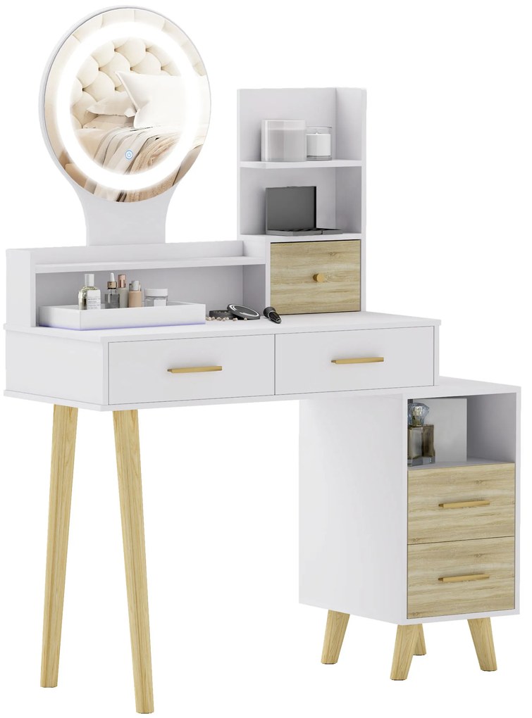 HOMCOM Masă de toaletă cu oglindă și lumini LED reglabile cu 5 sertare 4 compartimente și 1 poliță 100x44x137 cm Alb și Natural | Aosom Romania