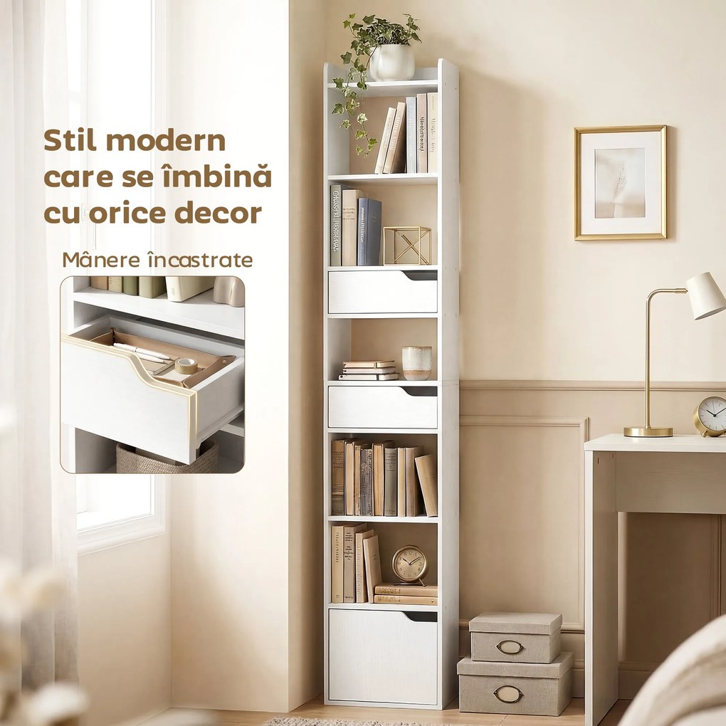 HOMCOM Bibliotecă verticală cu 6 rafturi, 2 sertare și dulap, alb efect lemn | Aosom Romania
