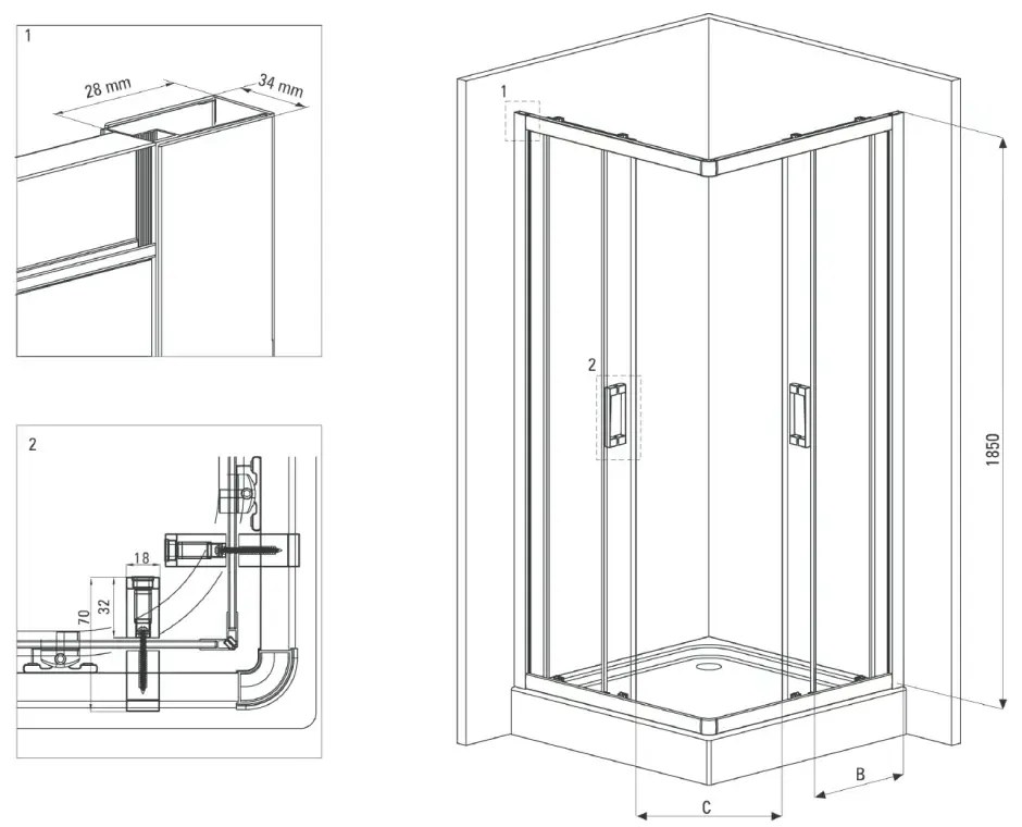 Set cabina dus neagra cu usa culisanta 90x90 cm plus cadita dus compozit Deante, Correo Square