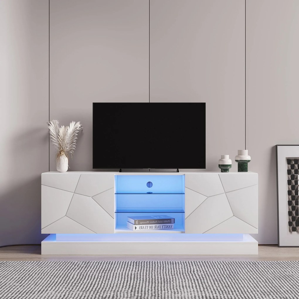 Comoda TV Moderno Lucios cu Raft de Sticlă Reglabil și Balamale Silențioase, Suport pentru TV până la 70 Inch, 160x38,5x60 cm, Alb