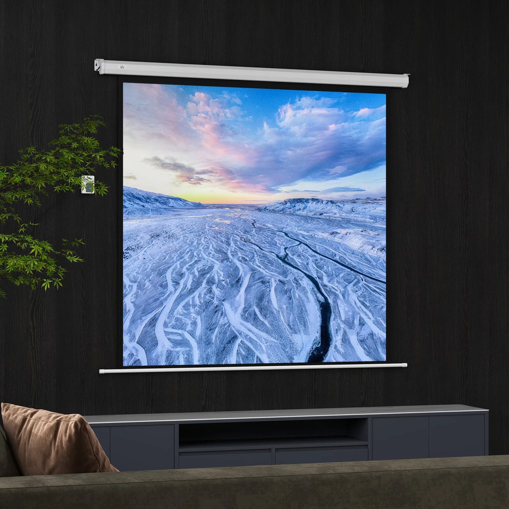 HOMCOM Ecran Proiector de 92 Inch cu Telecomandă, Pânză de Proiector Rulabilă din Plastic și Metal, 189,5x8x189,5 cm, Alb | Aosom Romania