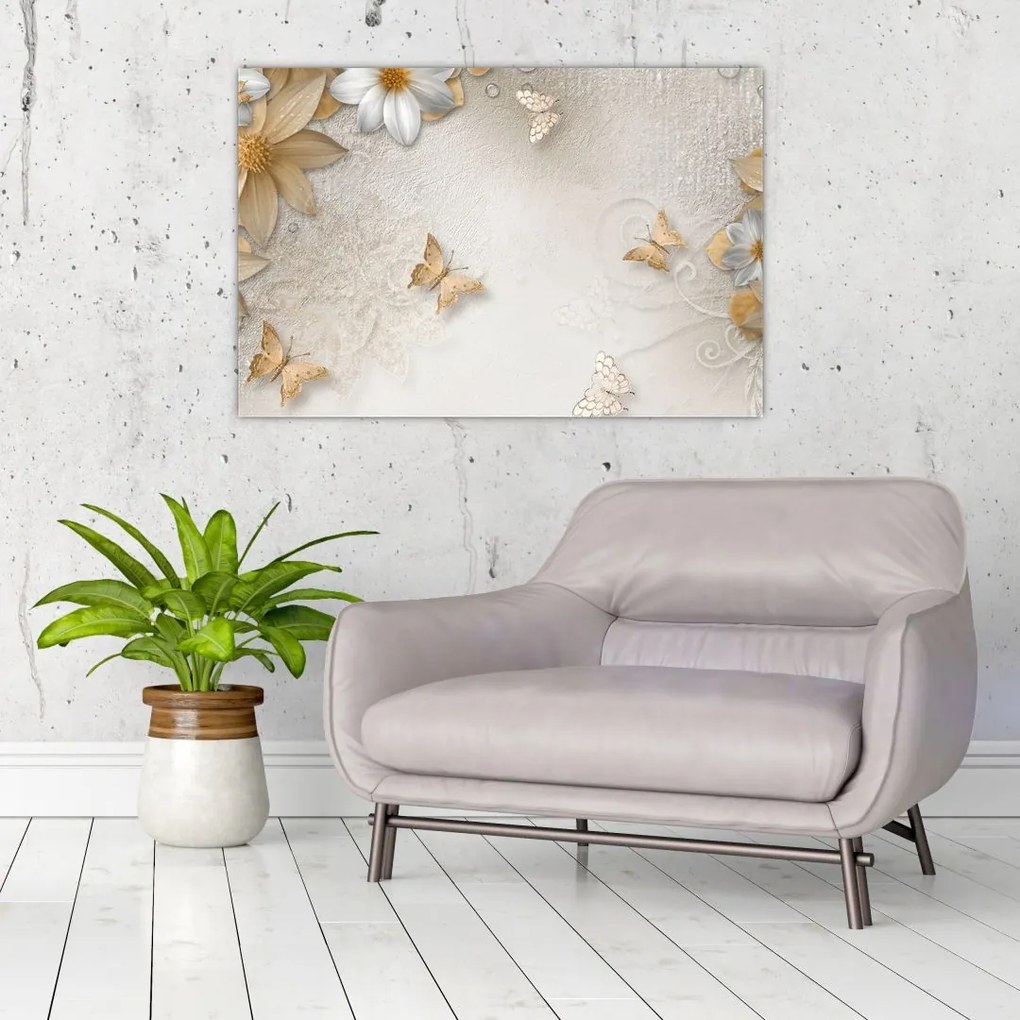 Tablou - Flori cu fluturi (90x60 cm)