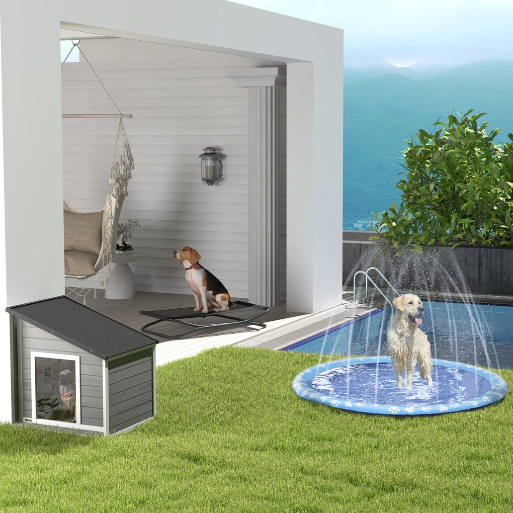 PawHut Hundehütte din lemn masiv, rezistent la intemperii, acoperiș din șindrilă, 71 cm x 58 cm x 77 cm, Gri + Alb | Aosom Romania