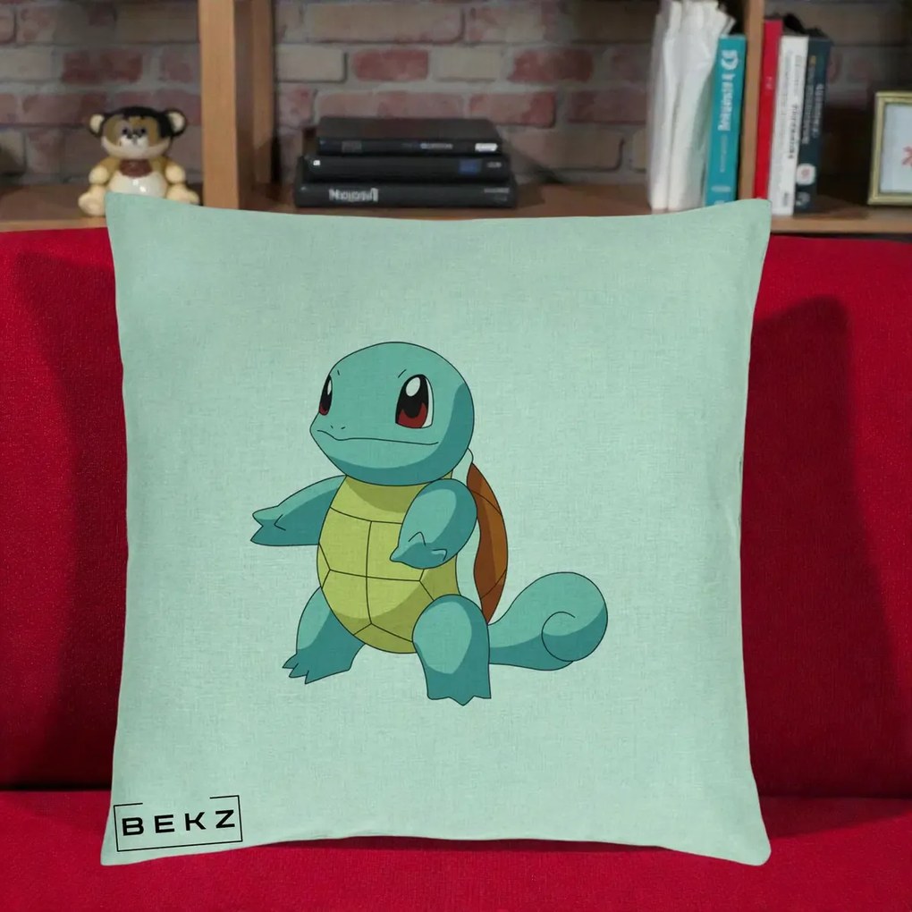 Perna Personalizata Squirtle Pokemon, 40x40 cm, Verde Menta, Husa Detasabila, Perna Inclusa, BEKZ®