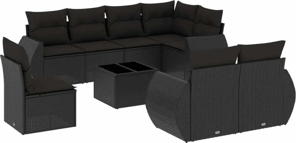 vidaXL Set mobilier de grădină cu perne, 9 piese, negru, poliratan