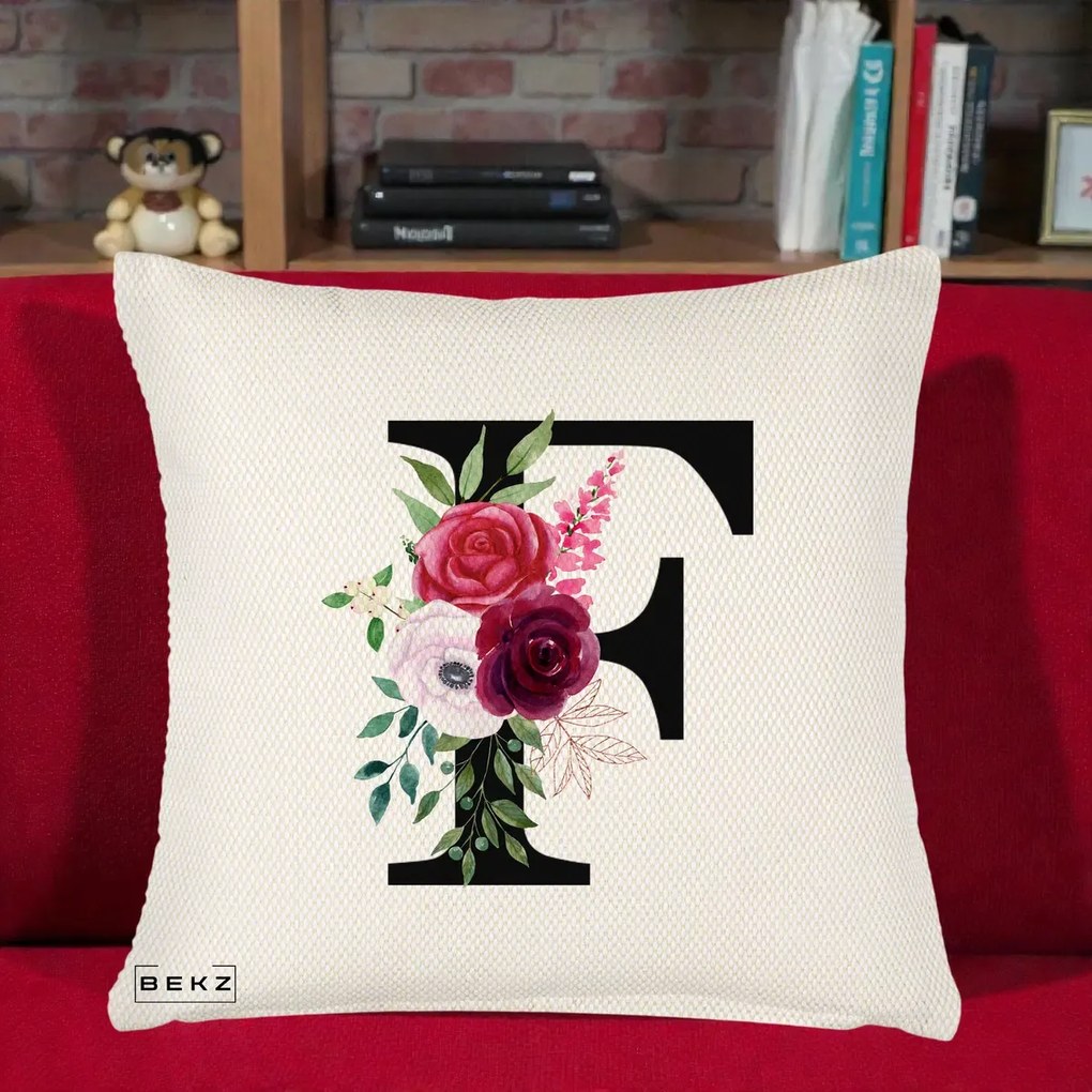 Cadou Personalizat - Perna Personalizata Monograma Florala Litera F, 40x40 cm, Crem Reliefat, Husa Detasabila, Perna Inclusa, BEKZ®