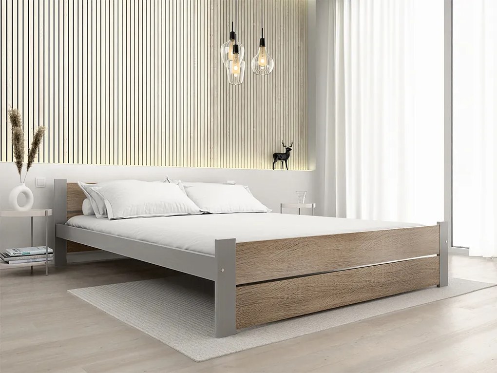 Pat IKAROS DOUBLE 140 x 200 cm, stejar sonoma/gri Saltele: Cu saltele Coco Maxi 20 cm, Somiera pat: Cu lamele curbate