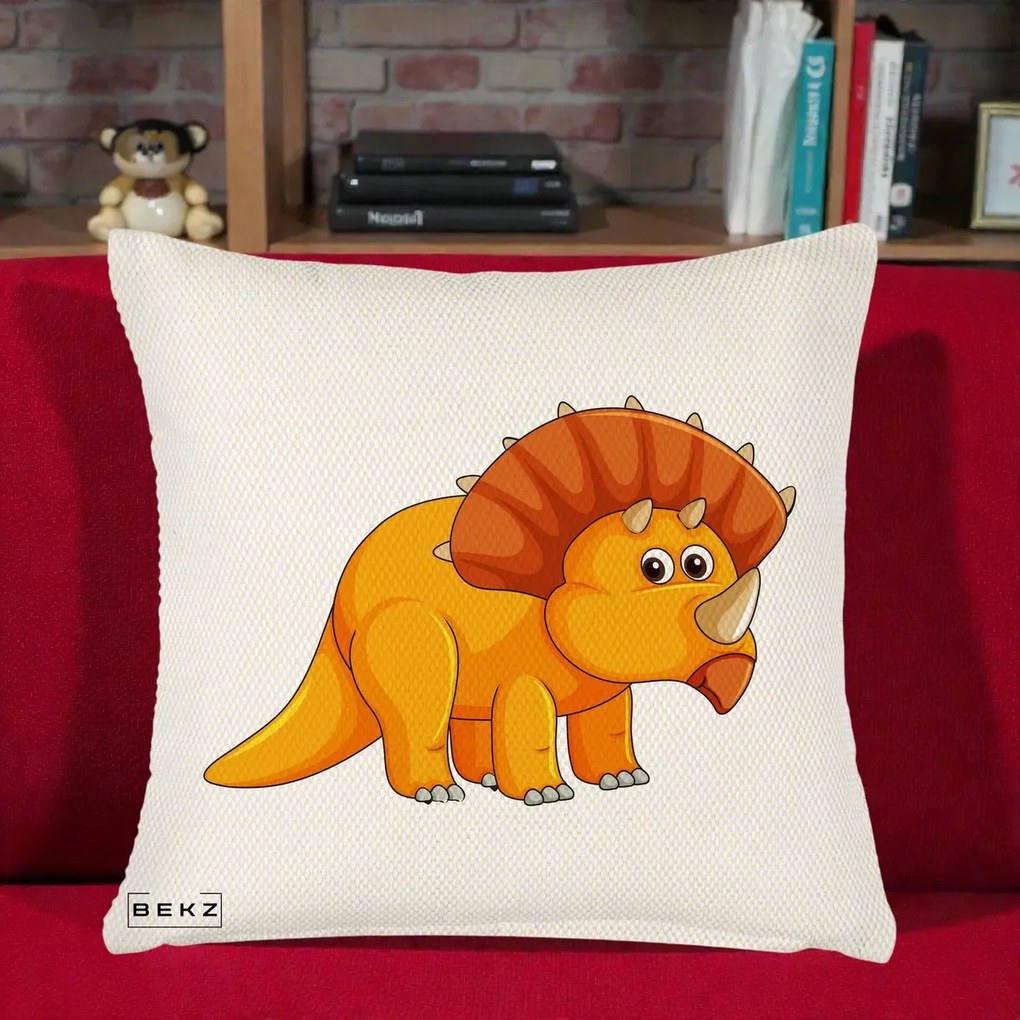 Perna Decorativa Triceratops Portocaliu, 40x40 cm, Crem Reliefat, Husa Detasabila, Perna Inclusa, BEKZ®