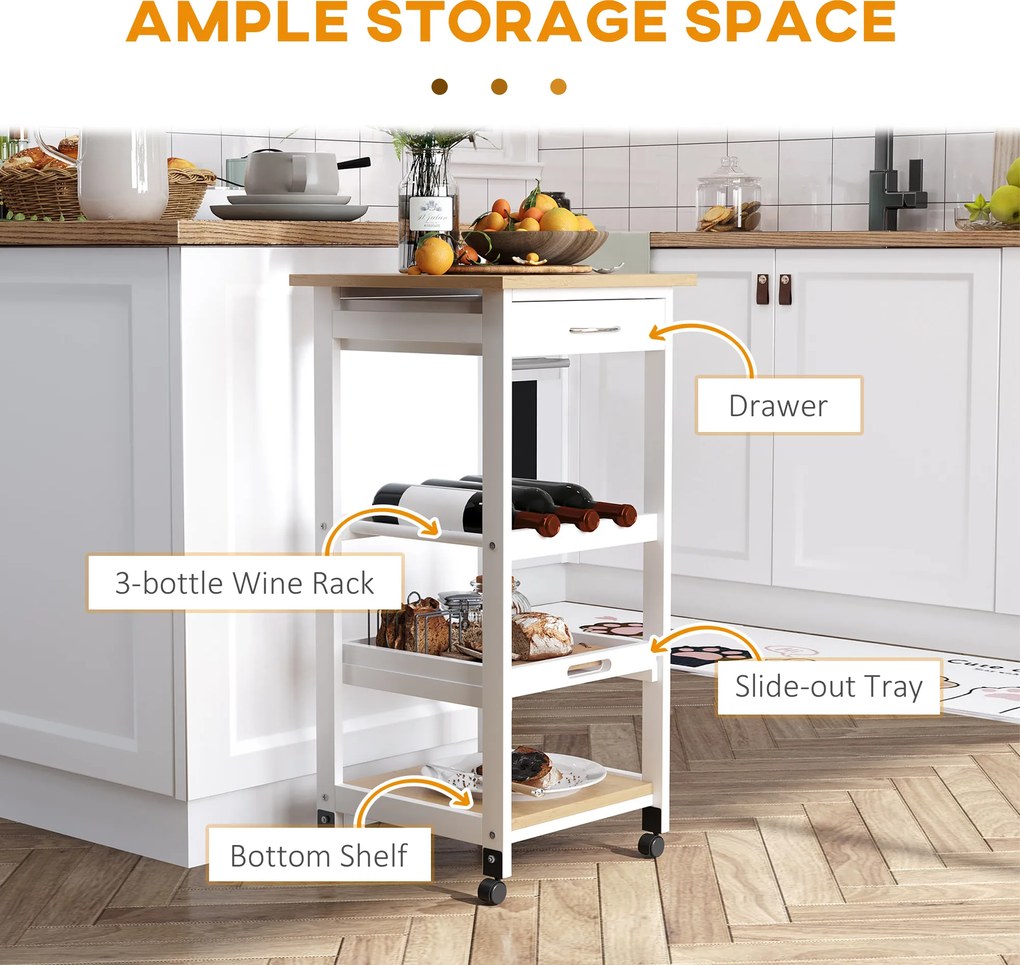 HOMCOM Serviciu de servire dulap de bucătărie cu rotile 2 rafturi, tavă detașabilă, sertar lemn de pin alb stejar luminos | Aosom Romania