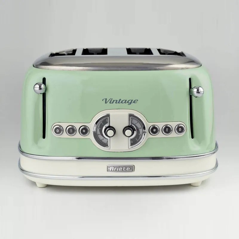 Prajitor de paine Ariete VINTAGE 0156/04, 1600W, 4 felii, 3 functii, 6 trepte, Tava firimituri detasabila, Verde