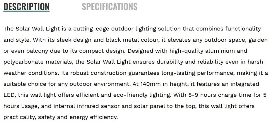 Aplica LED solara de exterior cu senzor de miscare IP54 Solar