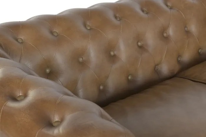 Canapea Chesterfield cu 3 locuri din piele, maro, spătar și brațe capitonate cu ținte, picioare cu rotile, finisaj patinat, 80 x 190 x 77 cm,