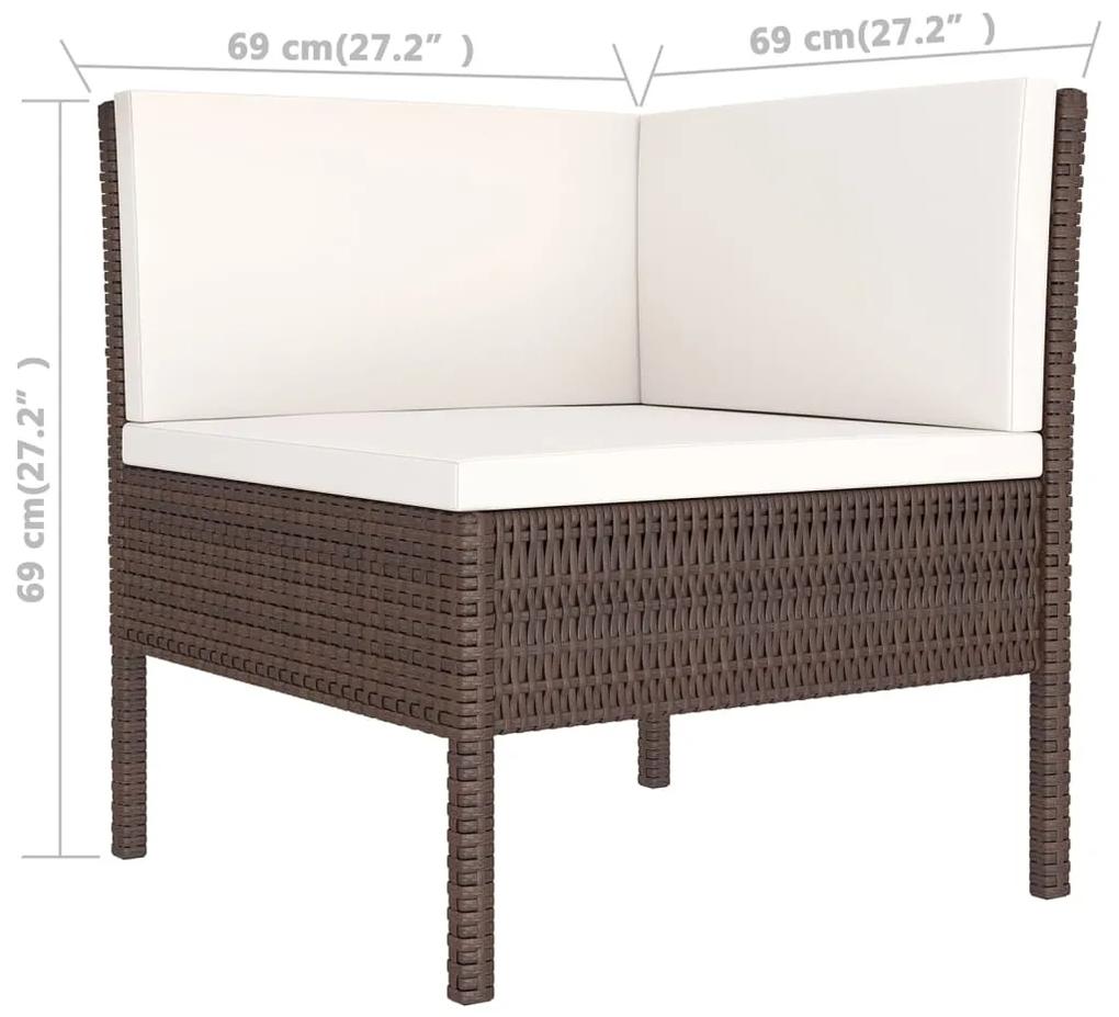 Set mobilier de gradina cu perne, 5 piese, maro, poliratan 2x colt + mijloc + suport pentru picioare + masa, 1