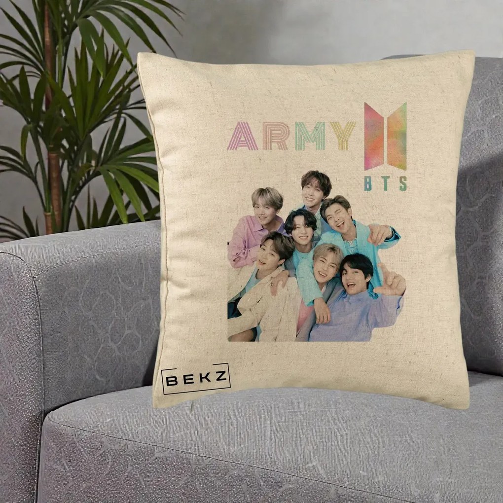 Perna Personalizata K-pop BTS ARMY Fotografie Grup Veseli, 40x40 cm, Bej, Husa Detasabila, Perna Inclusa, BEKZ®