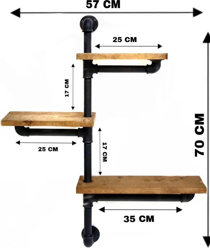 Raft cu 3 polite stil industrial din lemn-metal Homs 70 X 12 X 57 cm