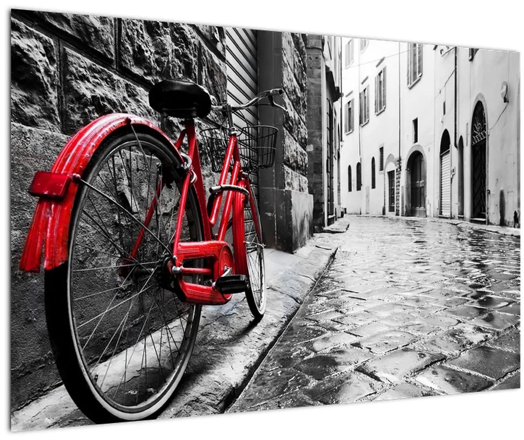 Tablou - Bicicleta roșie pe o stradă pavată (90x60 cm)