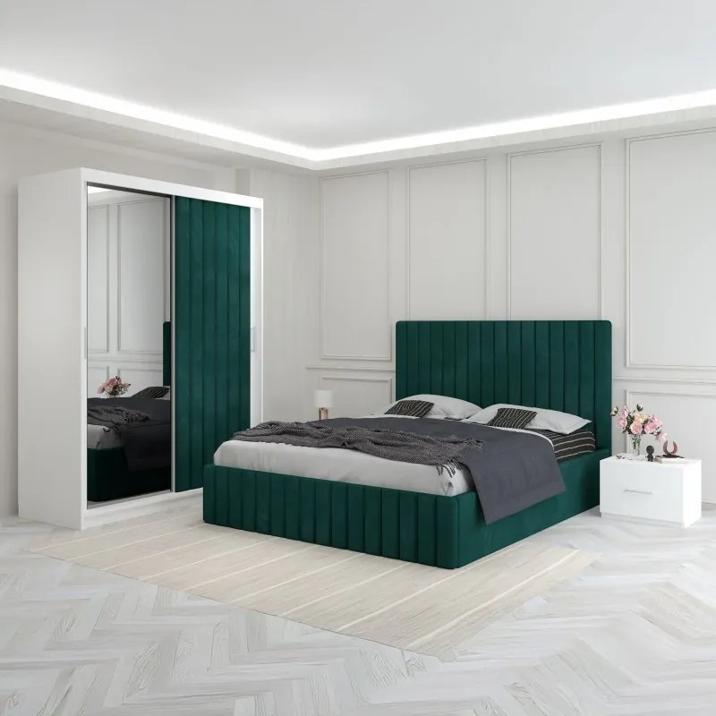 Set Mobila De Dormitor Luca Verde, pat tapitat 160x200cm,  dulap cu oglinda 150x210cm, noptiere