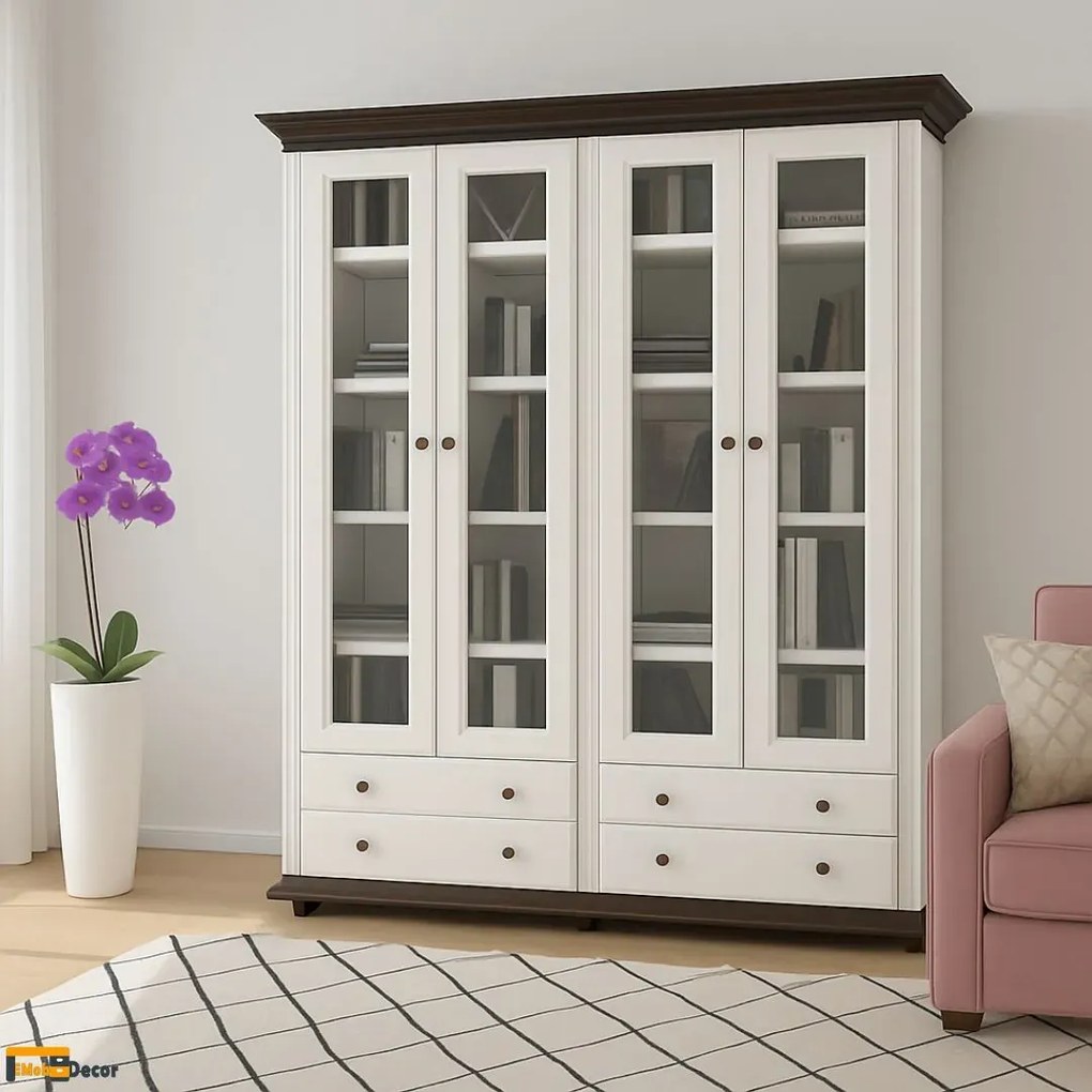 Biblioteca Regal, tip vitrina, alb nuc, lemn masiv 180 x 45 x 203cm