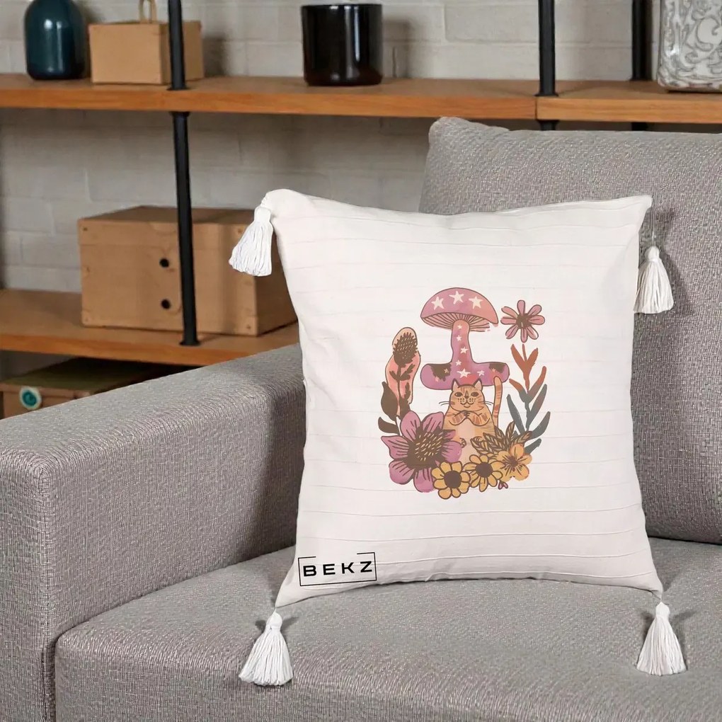 Perna Decorativa Ciuperca Pisica Boho, 40x40 cm, Bej cu Franjuri, Husa Detasabila, Perna Inclusa, BEKZ®