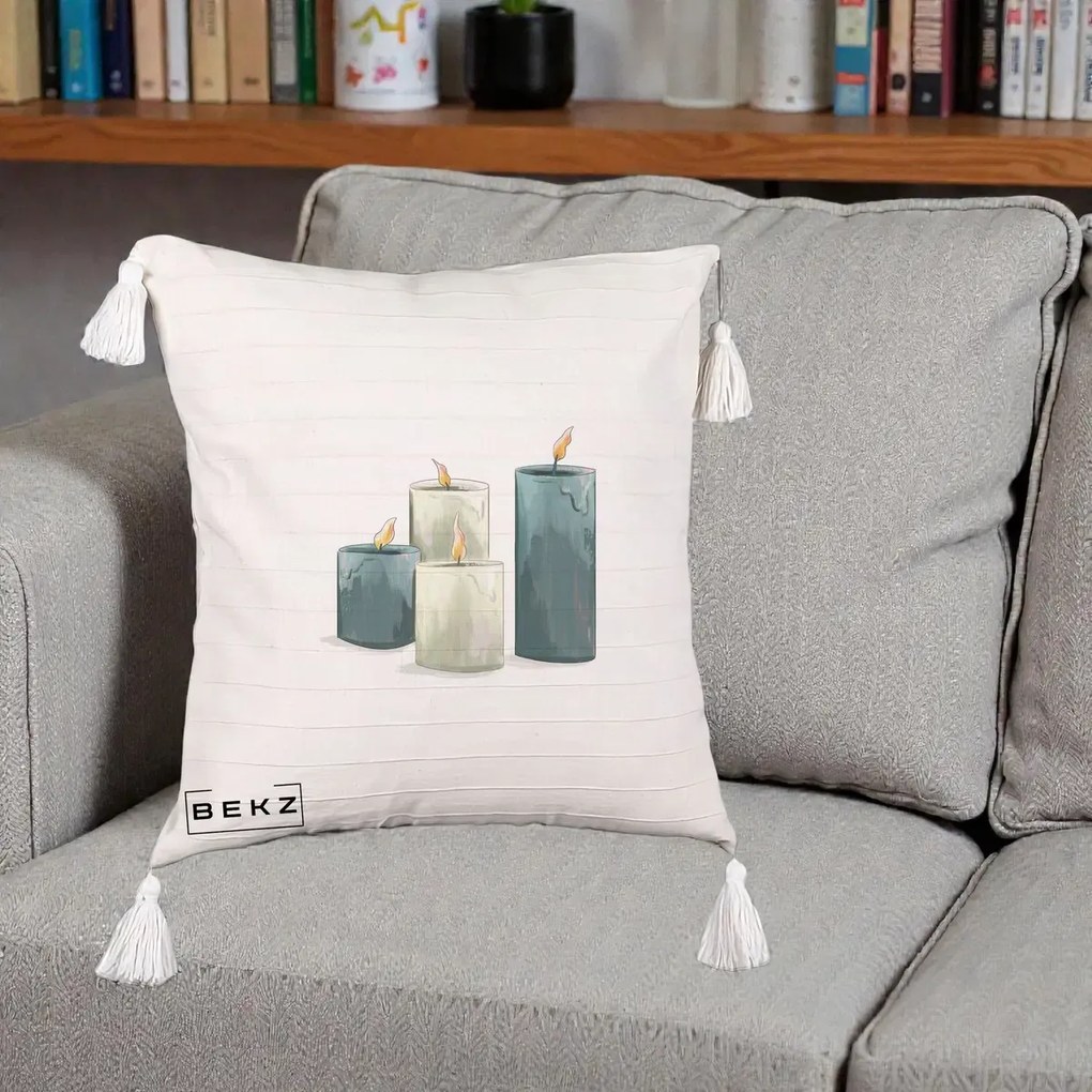 Perna Decorativa Lumanari Hygge Alb-Verde, 40x40 cm, Bej cu Franjuri, Husa Detasabila, Perna Inclusa, BEKZ®