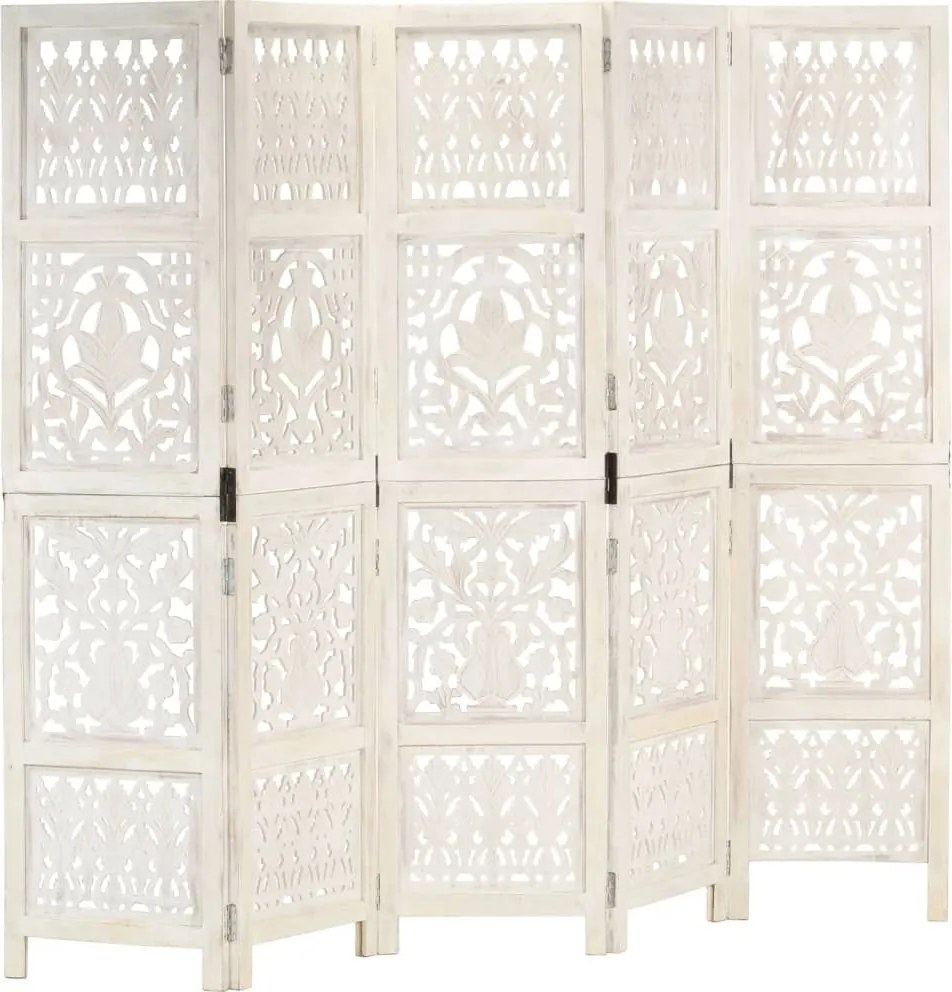 vidaXL Paravan cameră sculptat manual 5 panouri alb 200x165 cm mango