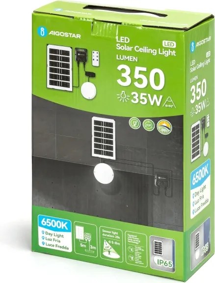 Aigostar - Plafonieră solară LED cu senzor, 3,7 V, 3000 mAh, IP65 + telecomandă