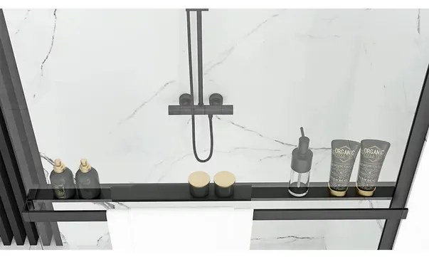 Paravan de dus tip Walk-in Rea Aero 90x195 cm si etajera cu suport negru