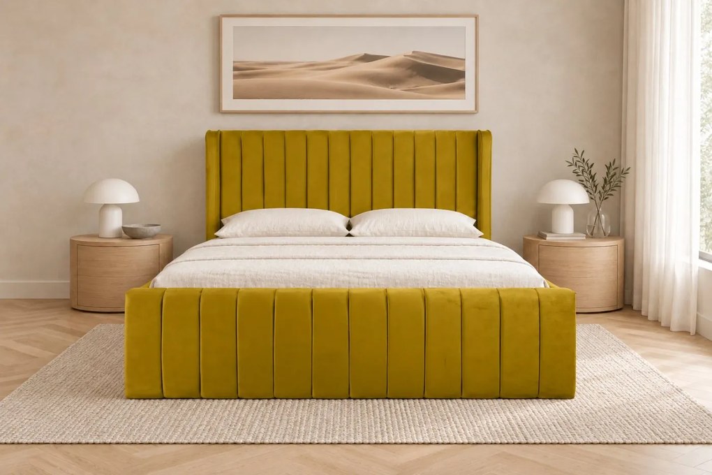 Pat tapițat din catifea Aurelia Simple 200×200 cm, galben muștar, cu ladă de depozitare