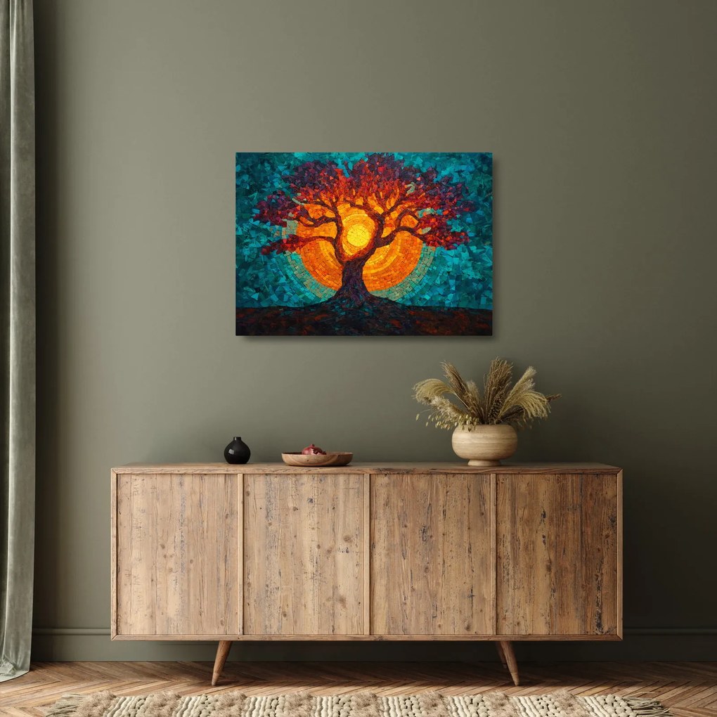 Tablou pe sticlă - Arborele vieții și soarele în mozaic (70x50 cm)