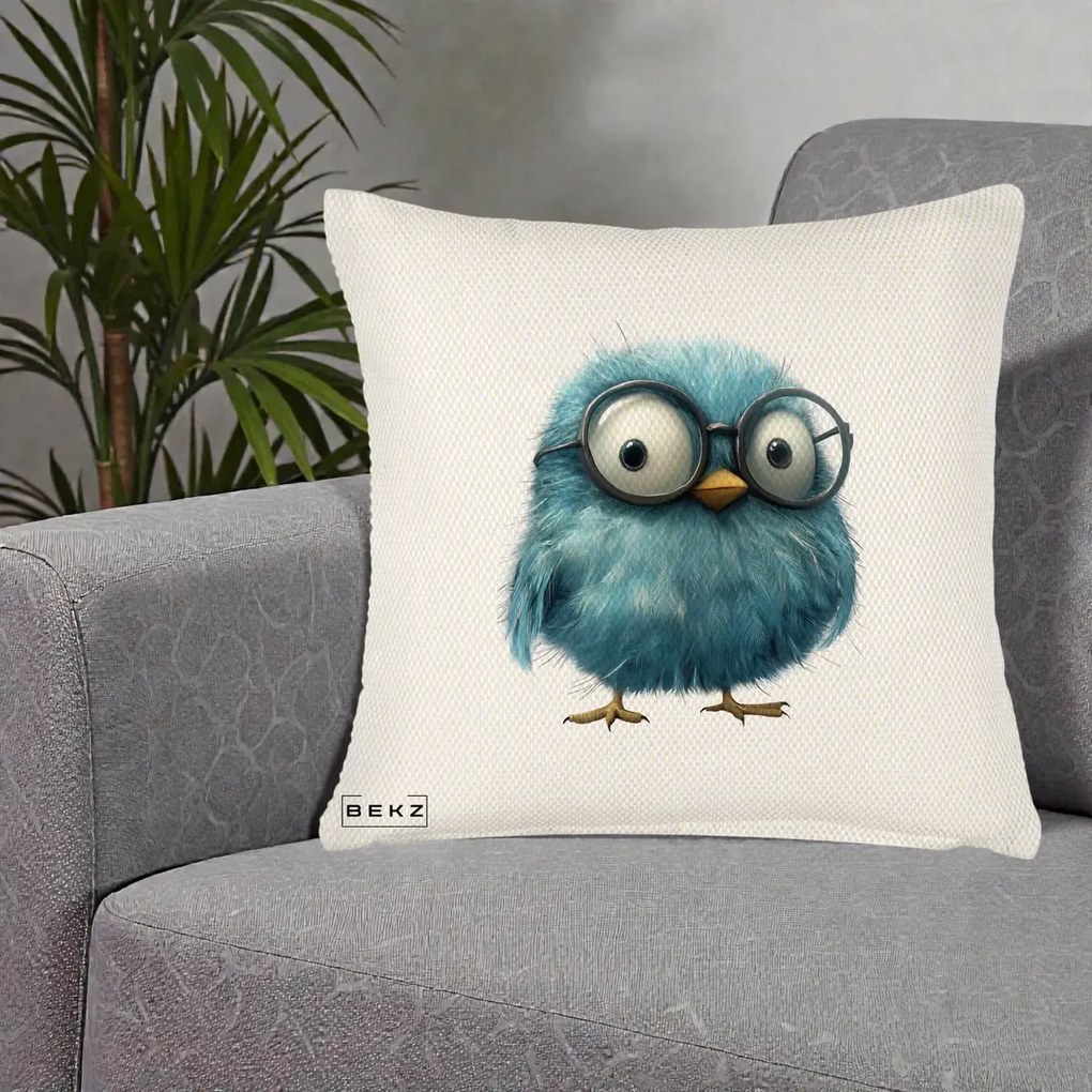 Perna Decorativa Pui Pufos Teal cu Ochelari, 40x40 cm, Crem Reliefat, Husa Detasabila, Perna Inclusa, BEKZ®