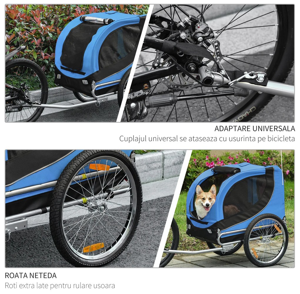 PawHut Remorcă de Bicicletă pentru Câini cu Punct de Atașare, Ferestre Laterale și Steguleț, 130x73x90 cm, Albastru | Aosom Romania
