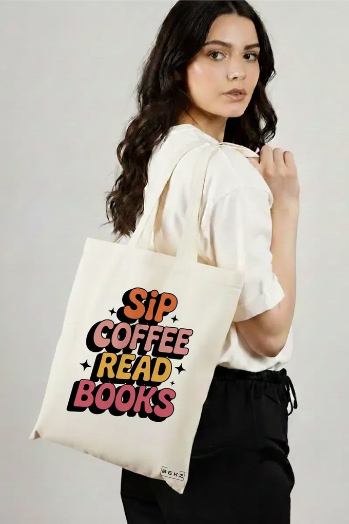 Sacosa de Panza pentru Cumparaturi, Geanta Tote, model Sip Coffee read books 38 x 34.5 cm, Alba, BEKZ®
