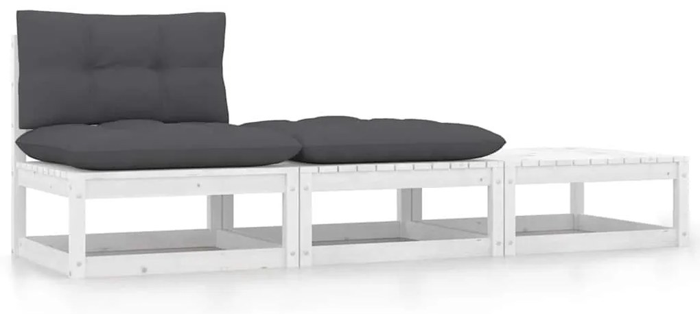 vidaXL Set mobilier de grădină cu perne, 3 piese, alb, lemn masiv pin