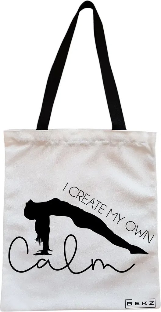 Sacosa de Panza pentru Cumparaturi, Geanta Tote, Yoga I create my own calm, Cu fermoar, 38x34.5 cm, Alba, BEKZ®