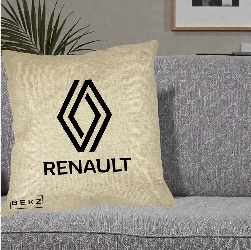 Perna Personalizata cu emblema Renault, 40x40 cm, Crem, Husa Detasabila, Perna Inclusa, BEKZ®
