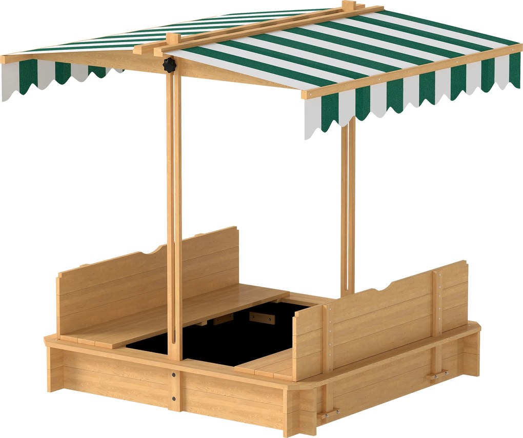 Outsunny Cutie de nisip 106x106 cm pentru copii, din lemn, cu acoperiș reglabil, bănci și spătare Maro deschis | Aosom Romania