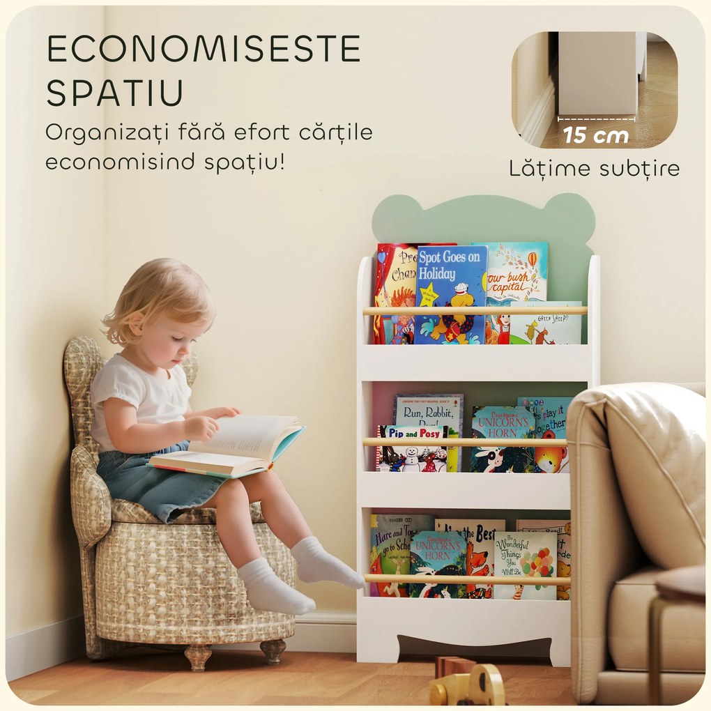 AIYAPLAY Bibliotecă Copii 3 Rafturi în Formă de Ursuleț 55x15x110 cm, Verde | Aosom Romania
