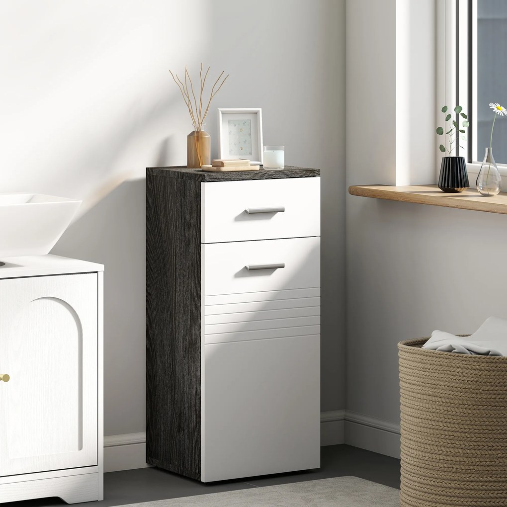 kleankin Dulap Baie din Lemn cu Sertar și Rafturi, Design Alb și Negru | Aosom Romania