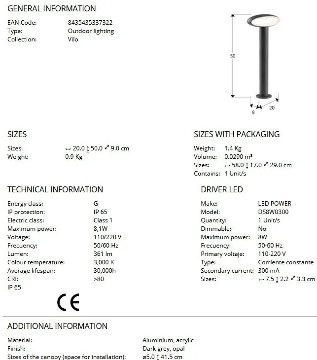 Stalp LED exterior design modern IP65 Vilo H-50cm