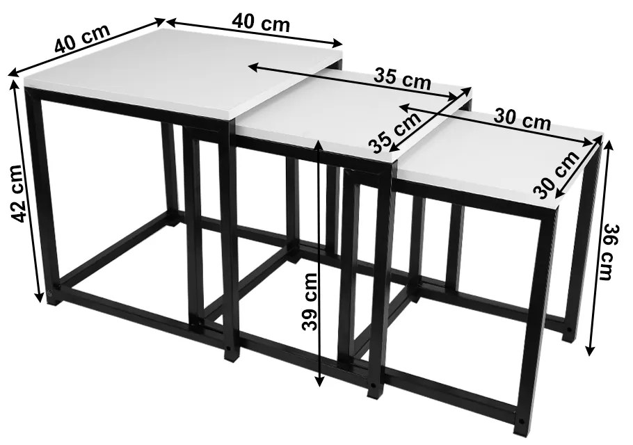 Set 3 masute de cafea, alb mat negru, KASTLER NEW TYP 3